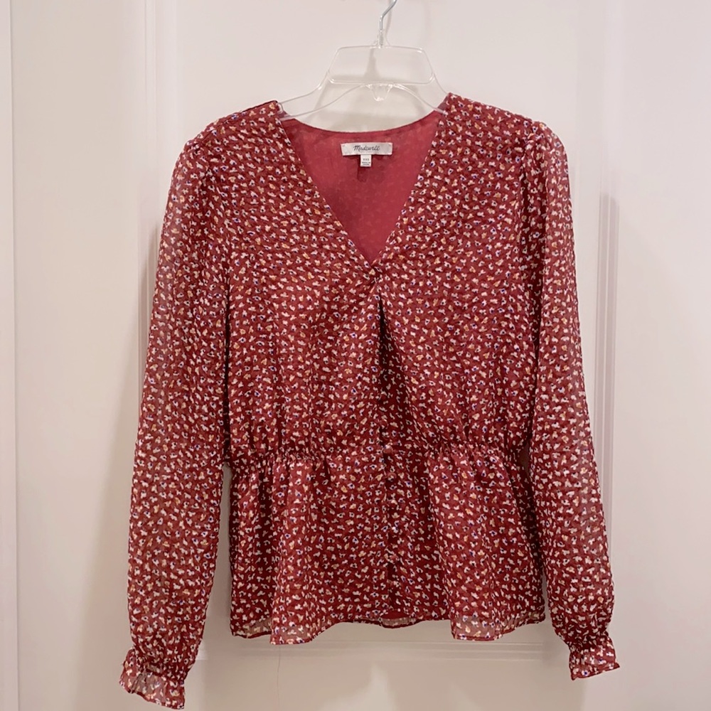 Madewell Pink Red Floral Dot Pattern Peplum Waist Blouse Size XXS